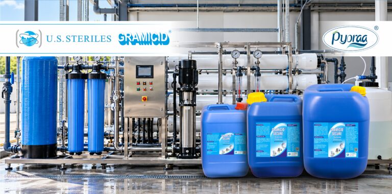 Industrial RO water treatment system with Gramicid Secure disinfectant containers