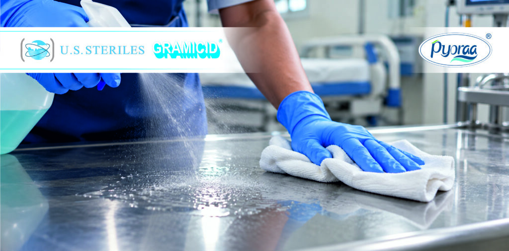 Surface cleaning and disinfection using cleaning solution and protective gloves